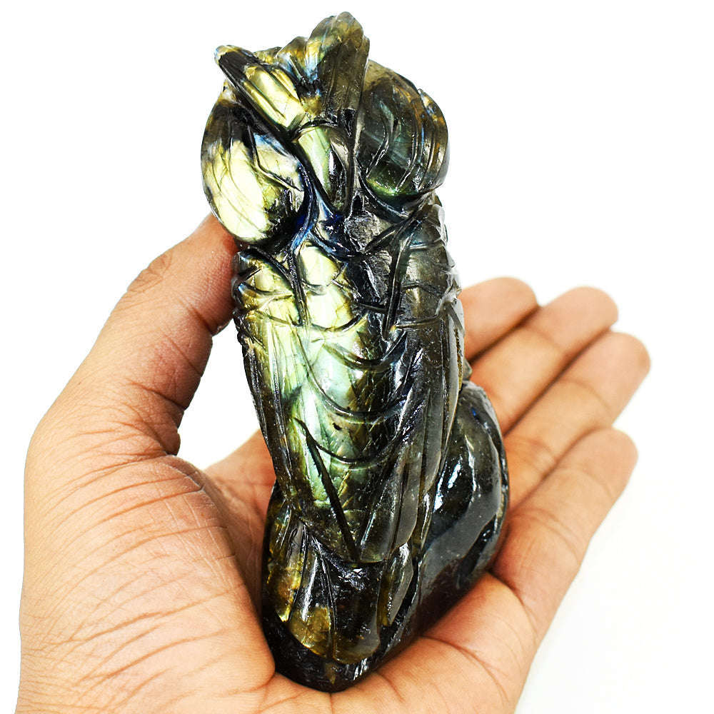 gemsmore:Natural Labradorite Hand Carved Genuine Crystal Gemstone Carving Owl