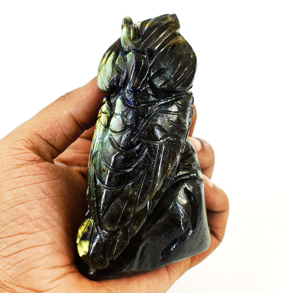 gemsmore:Natural Labradorite Hand Carved Genuine Crystal Gemstone Carving Owl