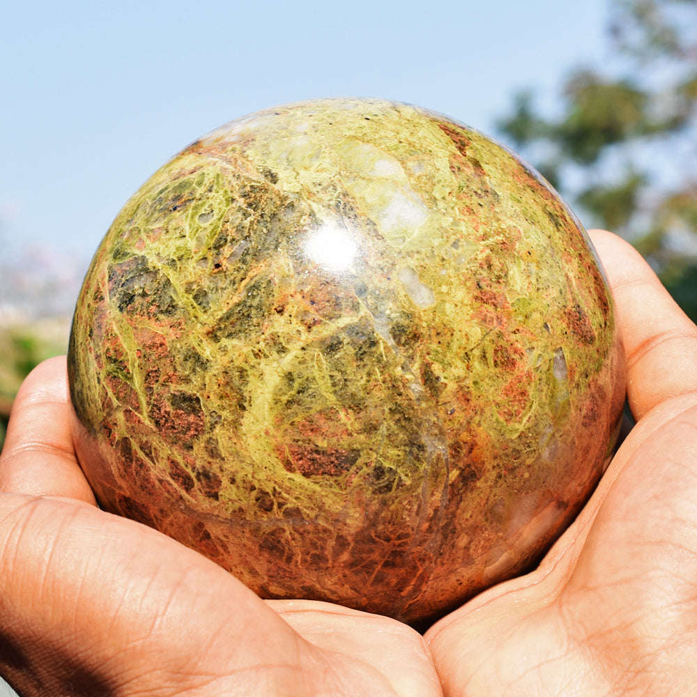 gemsmore:Natural Museum Size  - Blood Green Unakite Carved Crystal Healing Sphere