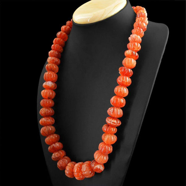 gemsmore:Natural Orange Carnelian Necklace Round Carved Untreated Beads