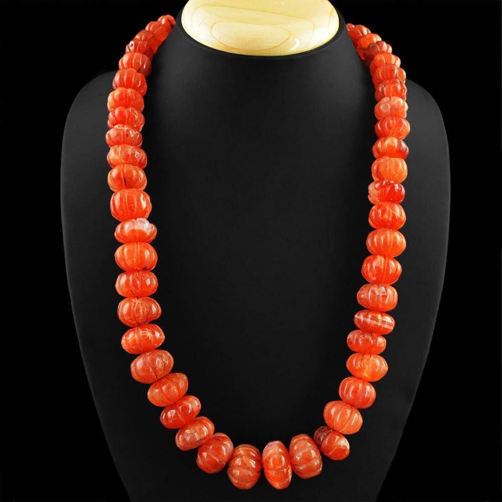 gemsmore:Natural Orange Carnelian Necklace Round Carved Untreated Beads