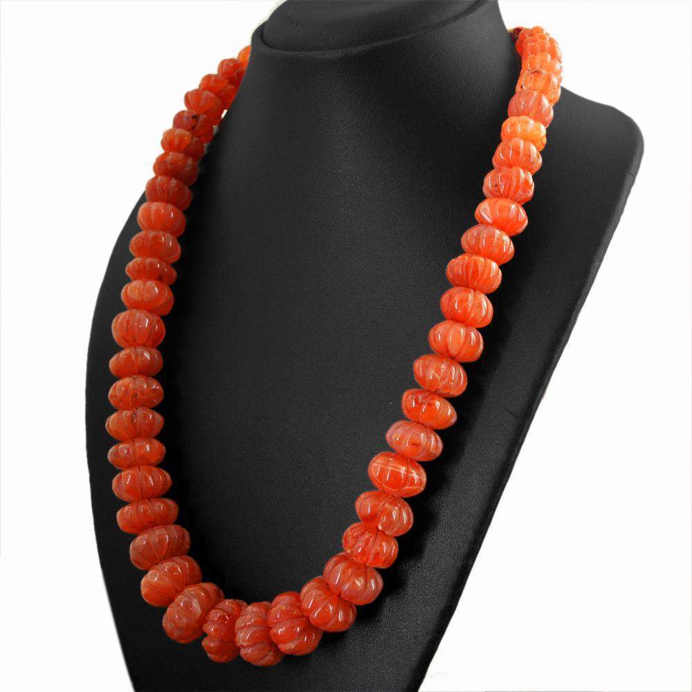 gemsmore:Natural Orange Carnelian Necklace Round Shape Carved Beads