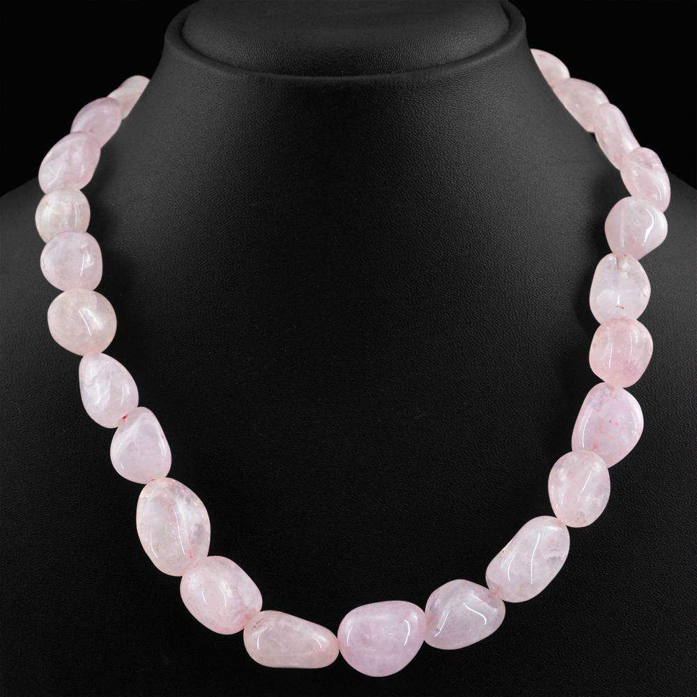 gemsmore:Natural Pink Rose Quartz Necklace Oval Shape Beads