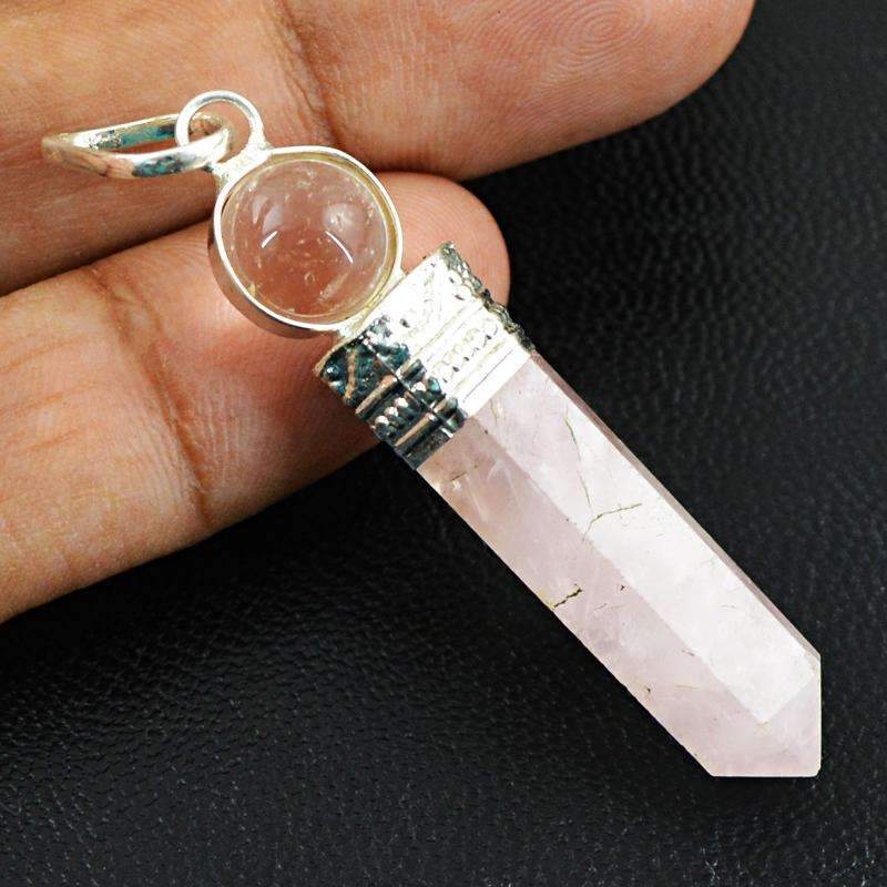 gemsmore:Natural Pink Rose Quartz & White Quartz Healing Ball Point Pendant