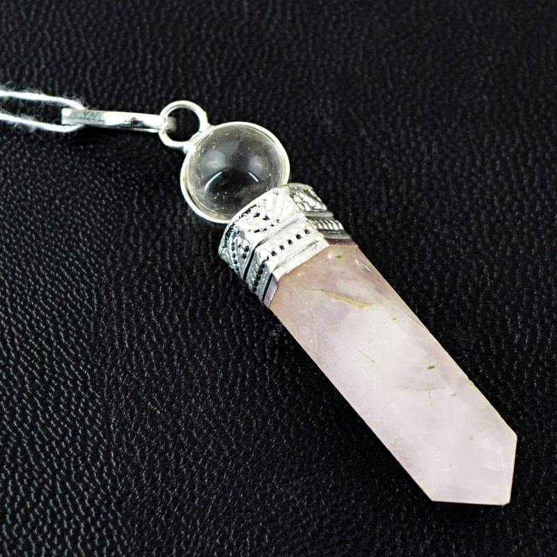 gemsmore:Natural Pink Rose Quartz & White Quartz Healing Ball Point Pendant