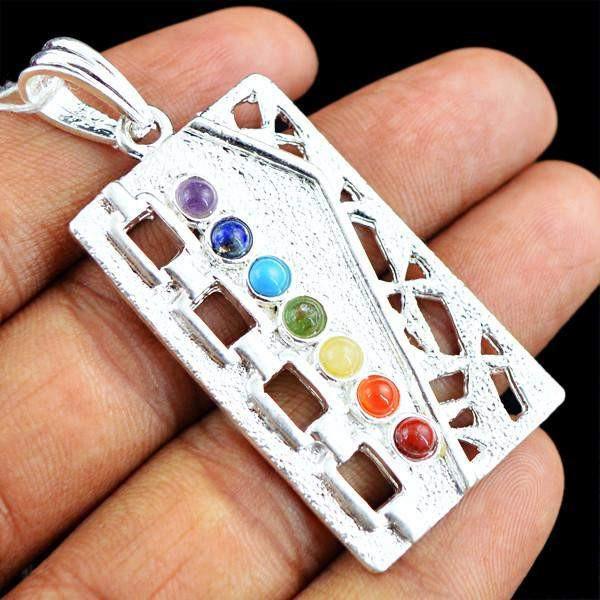 gemsmore:Natural Rectangular Shape Seven Chakra Crystal Healing Pendant