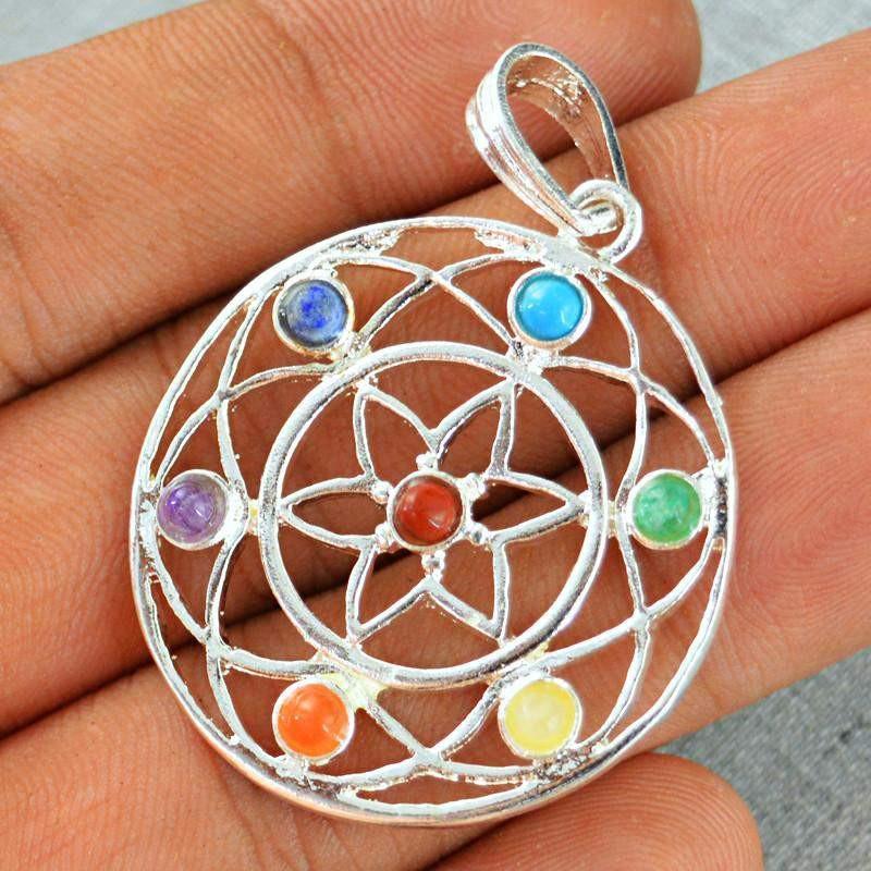 gemsmore:Natural Round Shape Flower Seven Chakra Healing Pendant