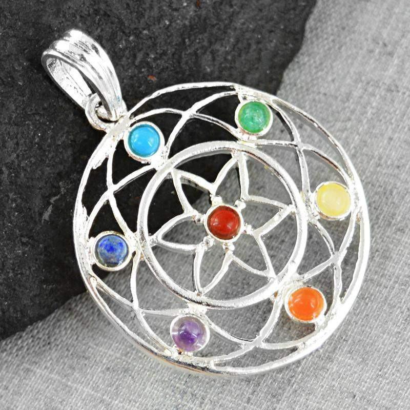 gemsmore:Natural Round Shape Flower Seven Chakra Healing Pendant