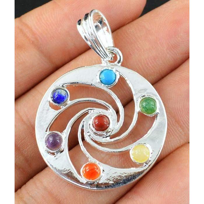 gemsmore:Natural Round Shape Seven Chakra Healing Pendant