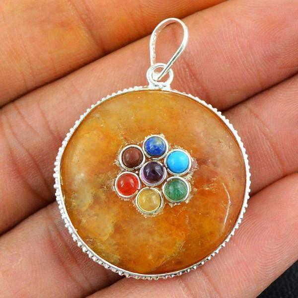 gemsmore:Natural Round Shape Seven Chakra Orange Aventurine Healing Pendant