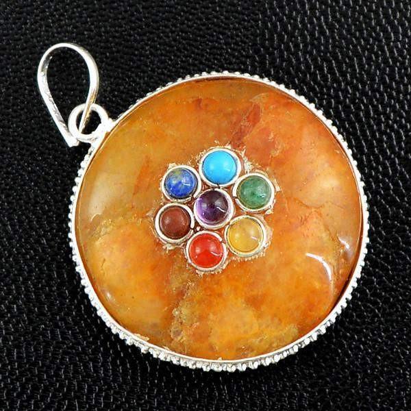 gemsmore:Natural Round Shape Seven Chakra Orange Aventurine Healing Pendant