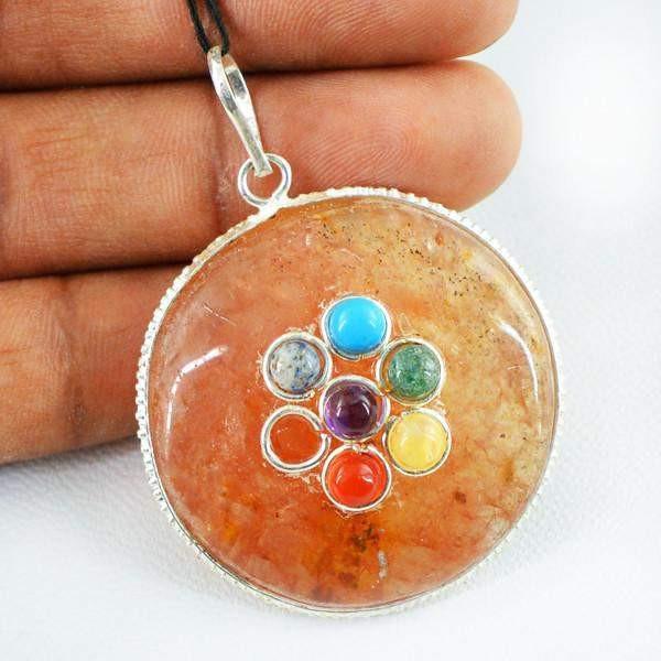 gemsmore:Natural Round Shape Seven Chakra Orange Aventurine Pendant