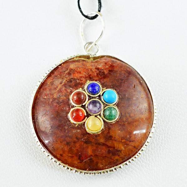 gemsmore:Natural Seven Chakra Round Shape Orange Aventurine Pendant