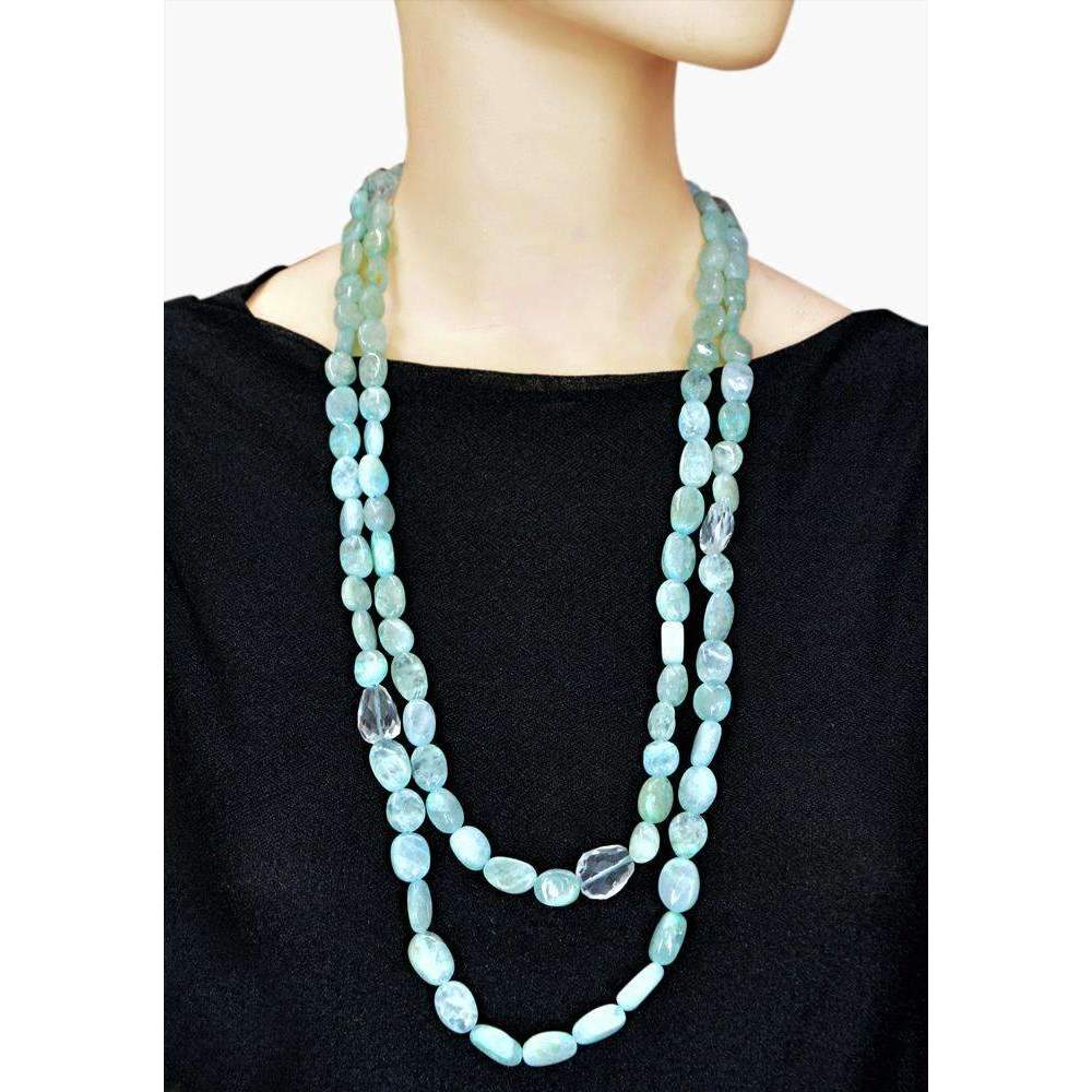 gemsmore:Natural Single Strand Blue Aquamarine & White Quartz Beads Necklace