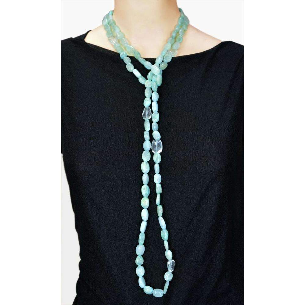 gemsmore:Natural Single Strand Blue Aquamarine & White Quartz Beads Necklace