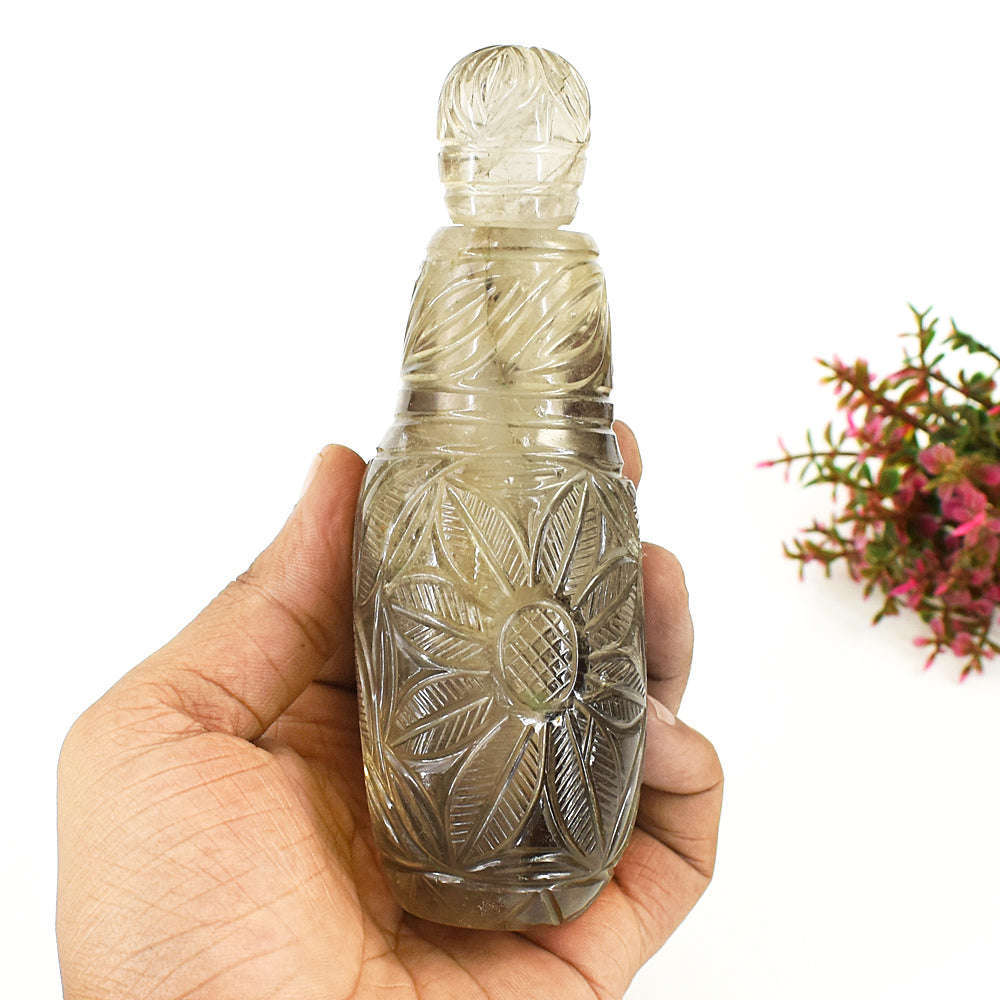 gemsmore:Natural Somky Quartz Hand Carved Genuine Crystal Gemstone Carving Perfume Bottle