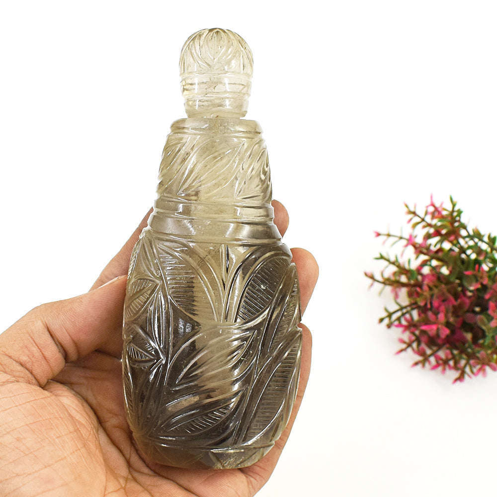 gemsmore:Natural Somky Quartz Hand Carved Genuine Crystal Gemstone Carving Perfume Bottle