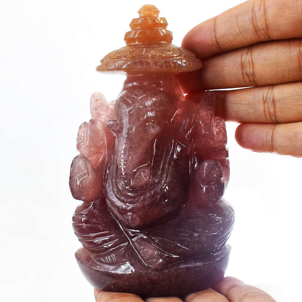 gemsmore:Natural Strawberry Quartz Hand Carved Lord Ganesha Gemstone Carving