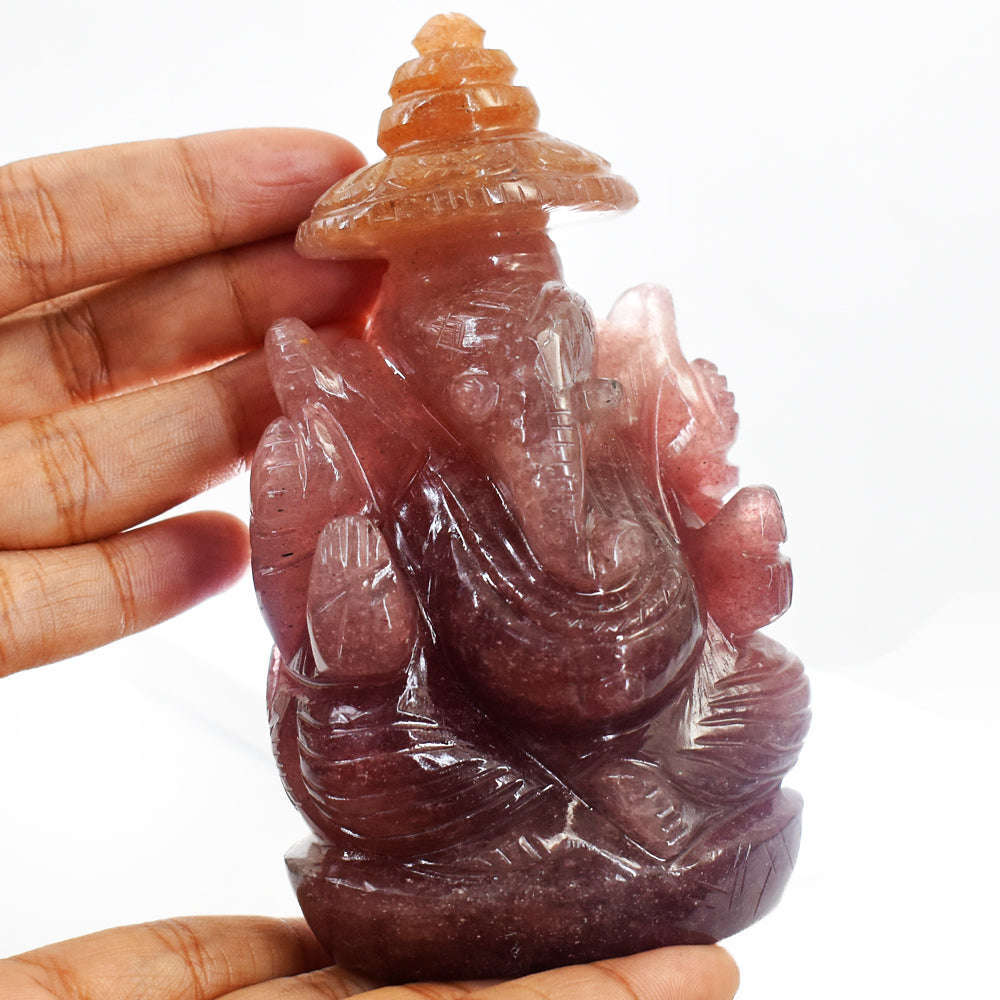 gemsmore:Natural Strawberry Quartz Hand Carved Lord Ganesha Gemstone Carving