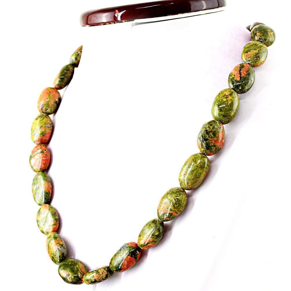 gemsmore:Natural Untreated Blood Green Unakite Necklace Oval Shape Beads