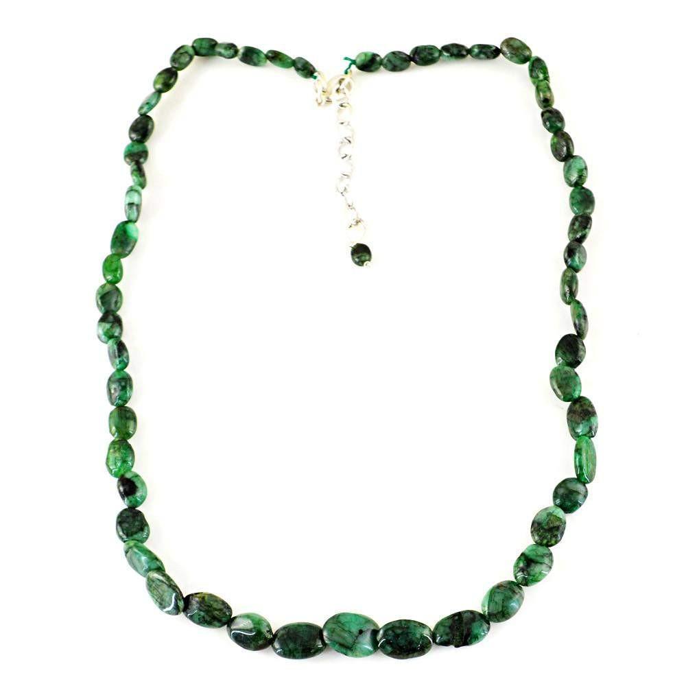 gemsmore:Natural Untreated Green Emerald Necklace Oval Shape Beads