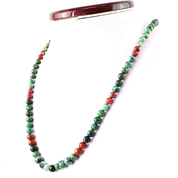 gemsmore:Natural Untreated Green Emerald & Red Ruby Necklace Round Shape Beads