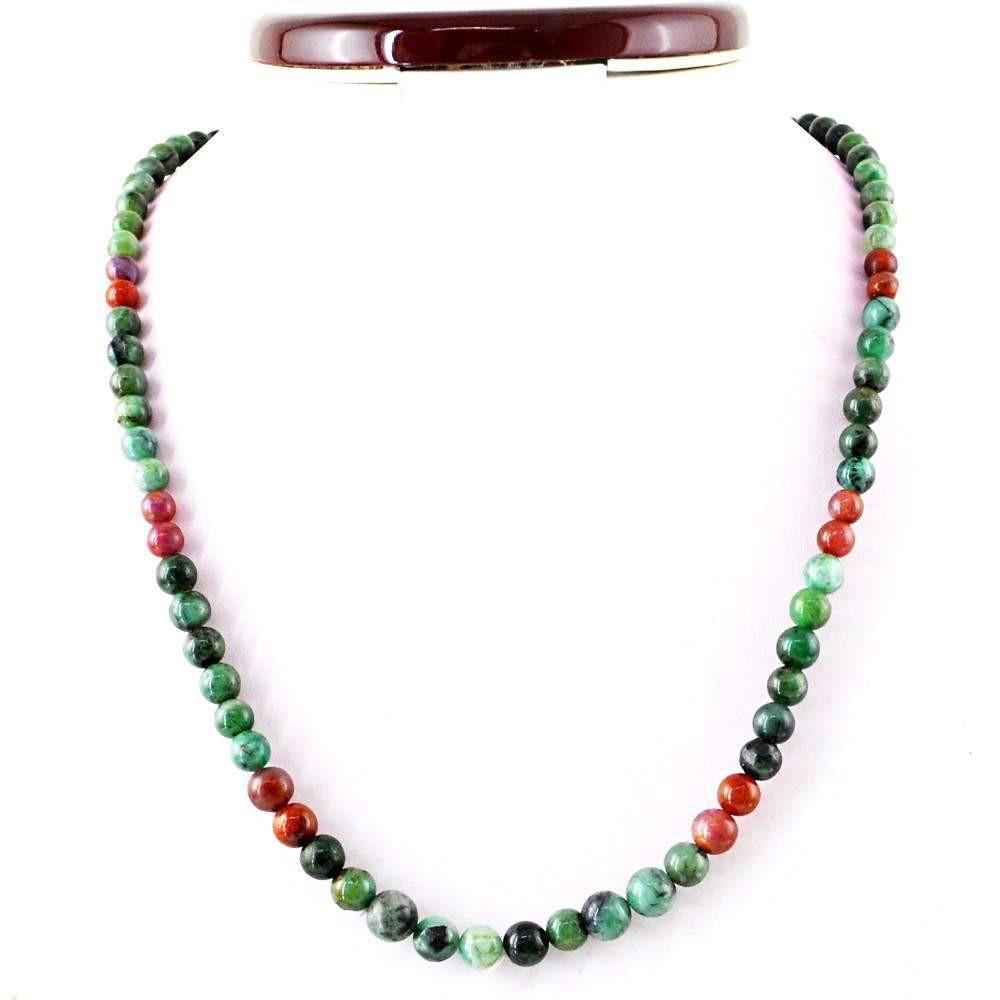 gemsmore:Natural Untreated Green Emerald & Red Ruby Necklace Round Shape Beads