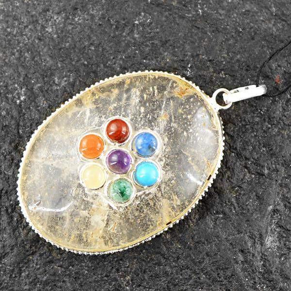 gemsmore:Natural Untreated White Quartz Seven Chakra Healing Pendant