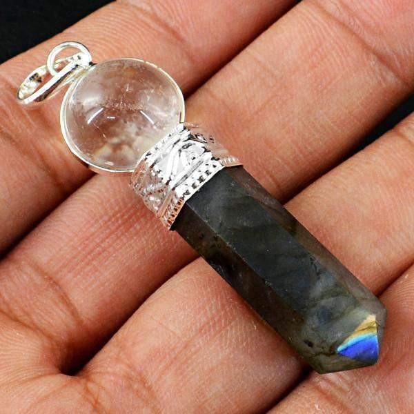 gemsmore:Natural White Quartz & Blue Flash Labradorite Healing Ball Point Pendant