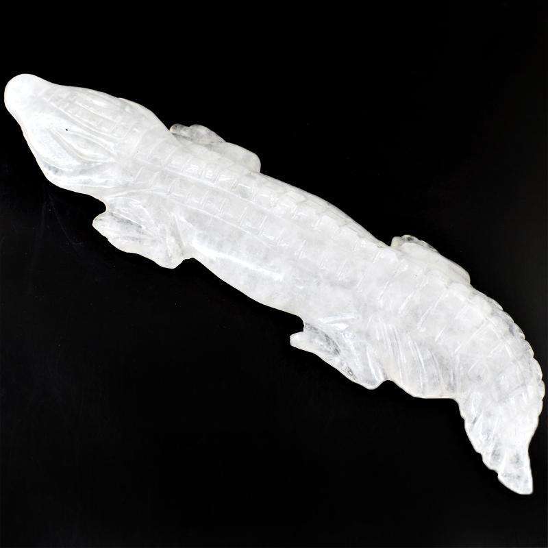 gemsmore:Natural White Quartz Hand Carved Crocodile