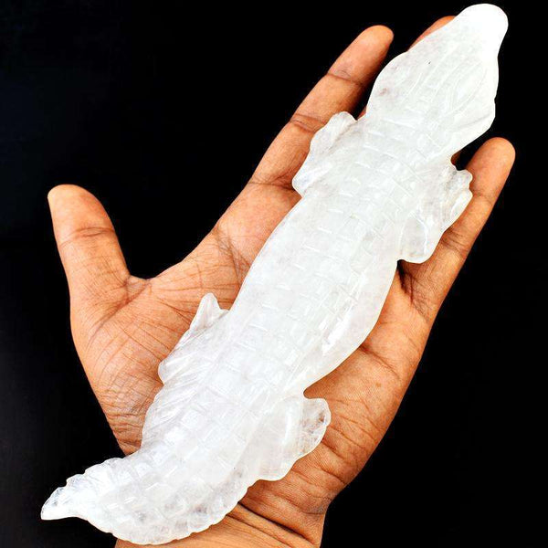 gemsmore:Natural White Quartz Hand Carved Crocodile