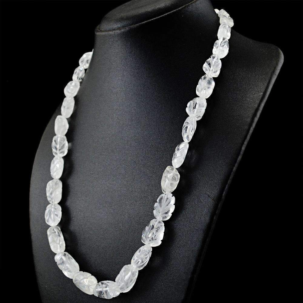 gemsmore:Natural White Quartz Necklace Untreated Carved Beads