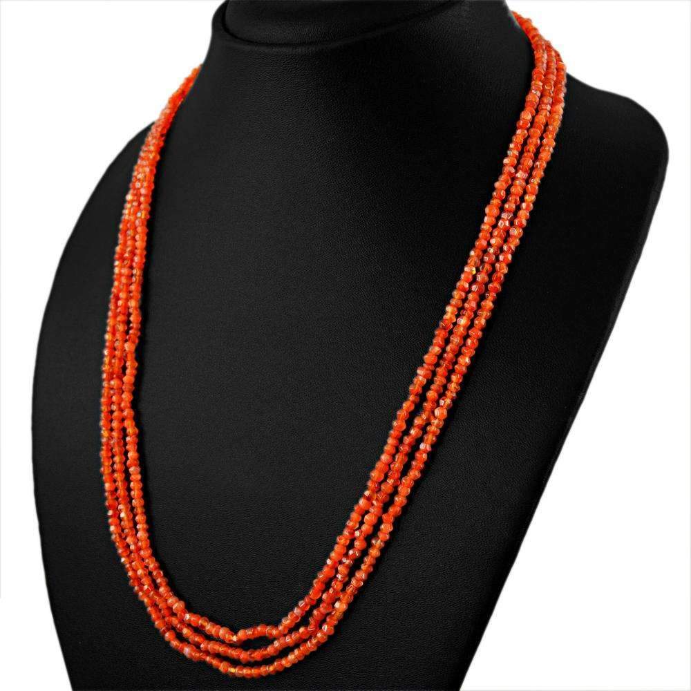 gemsmore:Orange Carnelian Necklace Natural Round Cut Beads - 3 Line