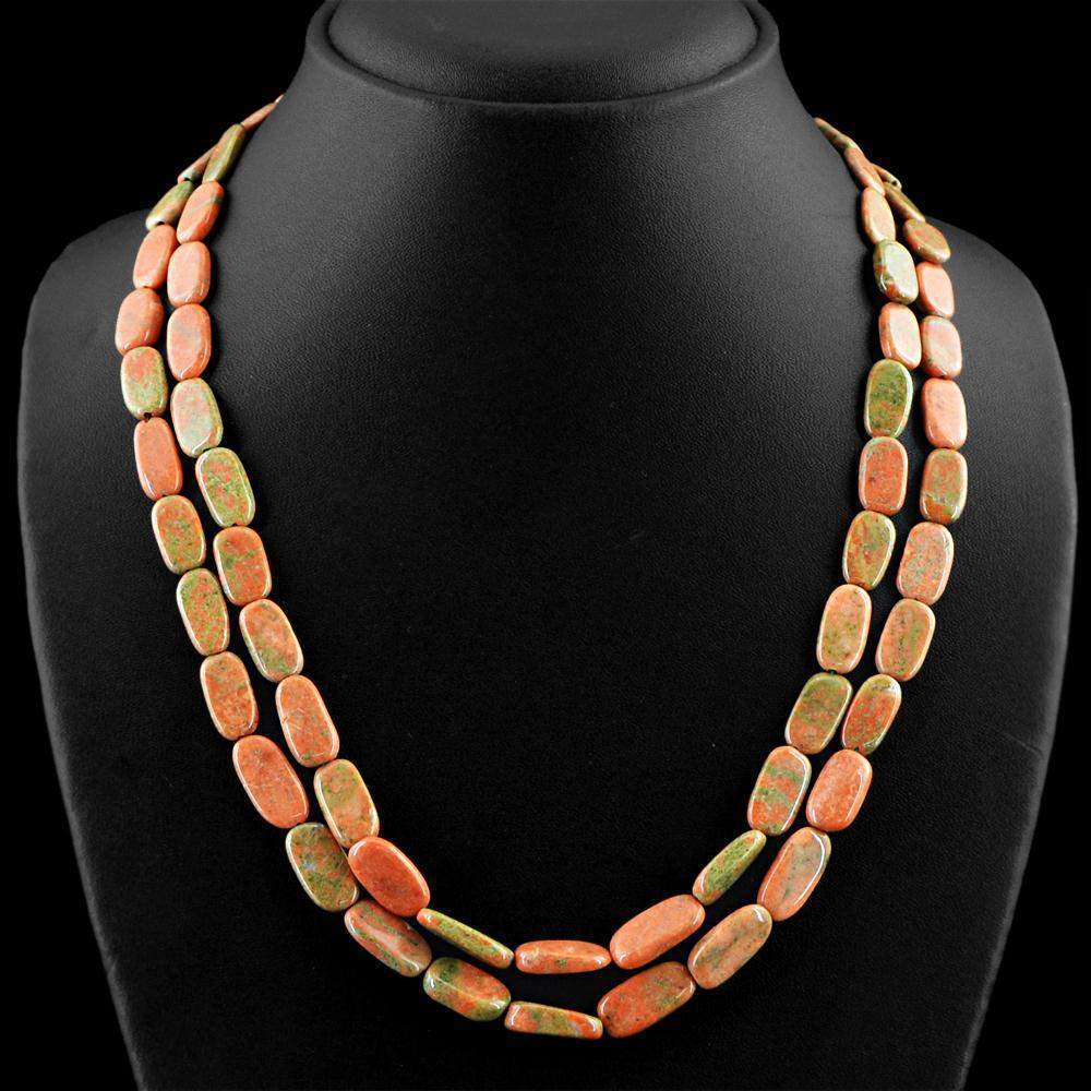 gemsmore:Oval Shape Blood Green Unakite Necklace Natural 2 Line Untreated Beads