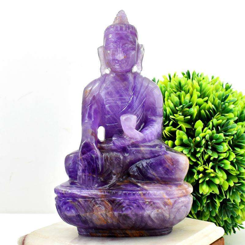 gemsmore:Purple Amethyst Hand Carved Lord Buddha Statue - Exclusive