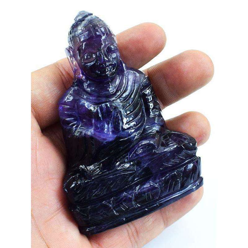 gemsmore:Purple Fluorite Carved Lord Buddha Idol Statue