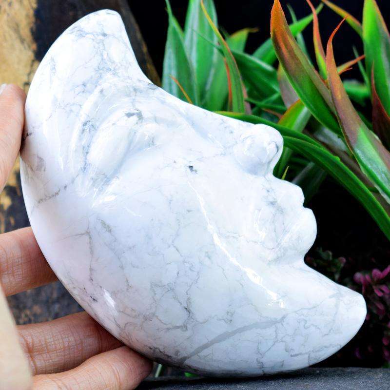 gemsmore:Rare White Howlite Hand Carved Moon Face