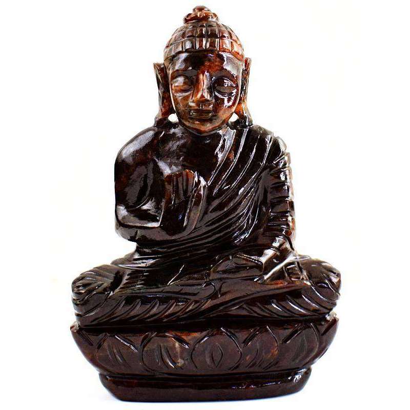 gemsmore:Red Garnet Hand Carved Lord Buddha Idol Statue