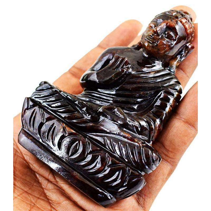 gemsmore:Red Garnet Hand Carved Lord Buddha Idol Statue