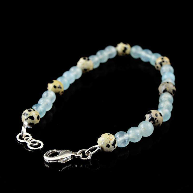 gemsmore:Round Shape Blue Aquamarine & Dalmatian Jasper Bracelet Natural Unheated Beads