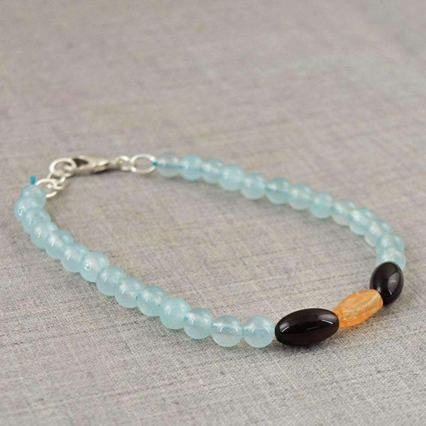 gemsmore:Round Shape Natural Blue Aquamarine & Smoky Quartz Beads Bracelet