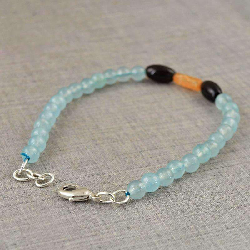 gemsmore:Round Shape Natural Blue Aquamarine & Smoky Quartz Beads Bracelet