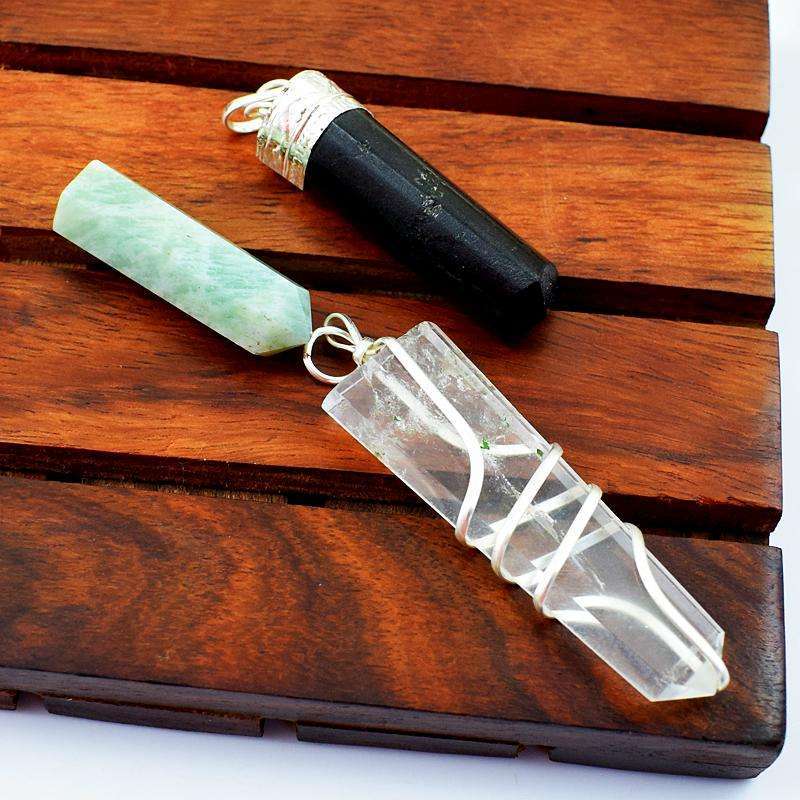 gemsmore:Spinel Healing Point Pendant, White Quartz Healing Wand Pendant & Amazonite Healing Point Set