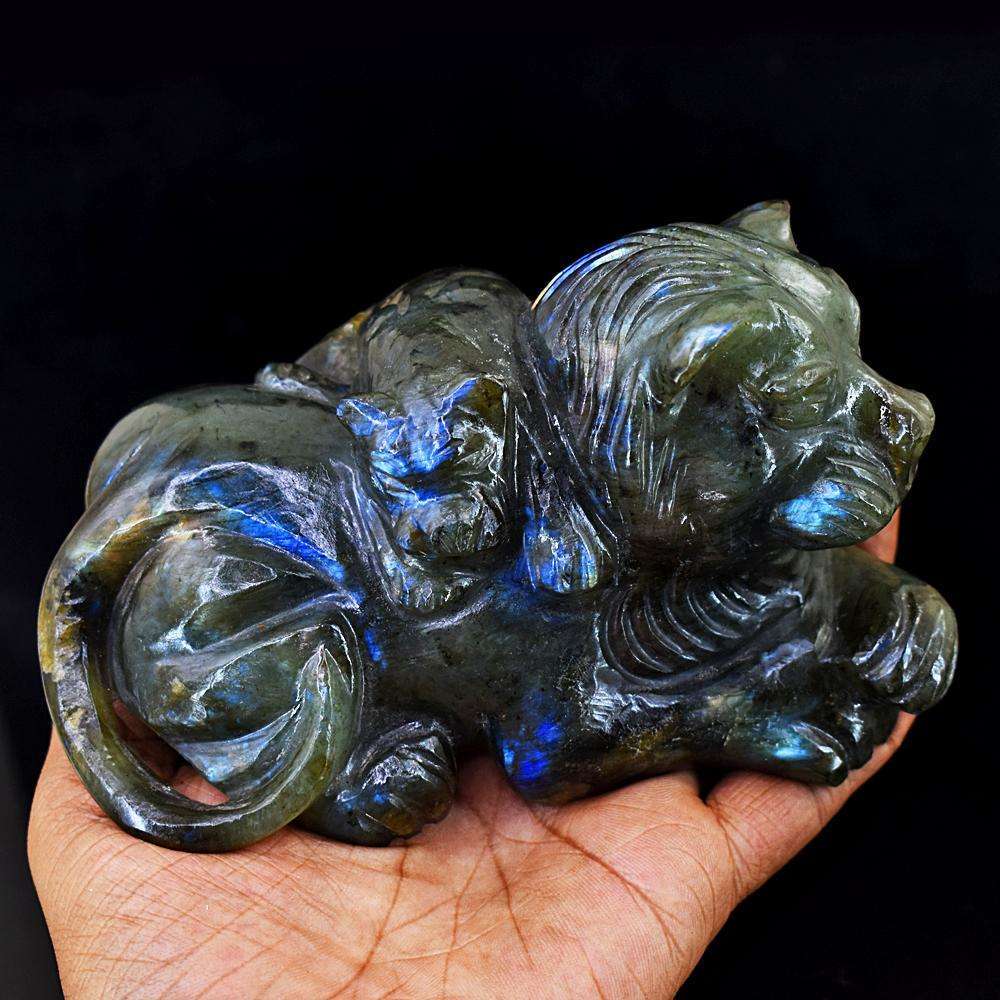 gemsmore:Stunning Blue Flash Labradorite Hand Carved Lion & Calf