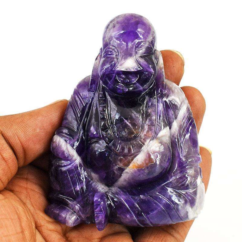 gemsmore:Stunning Chevron Amethyst Hand Carved Genuine Crystal Gemstone Carving Laughing Buddha