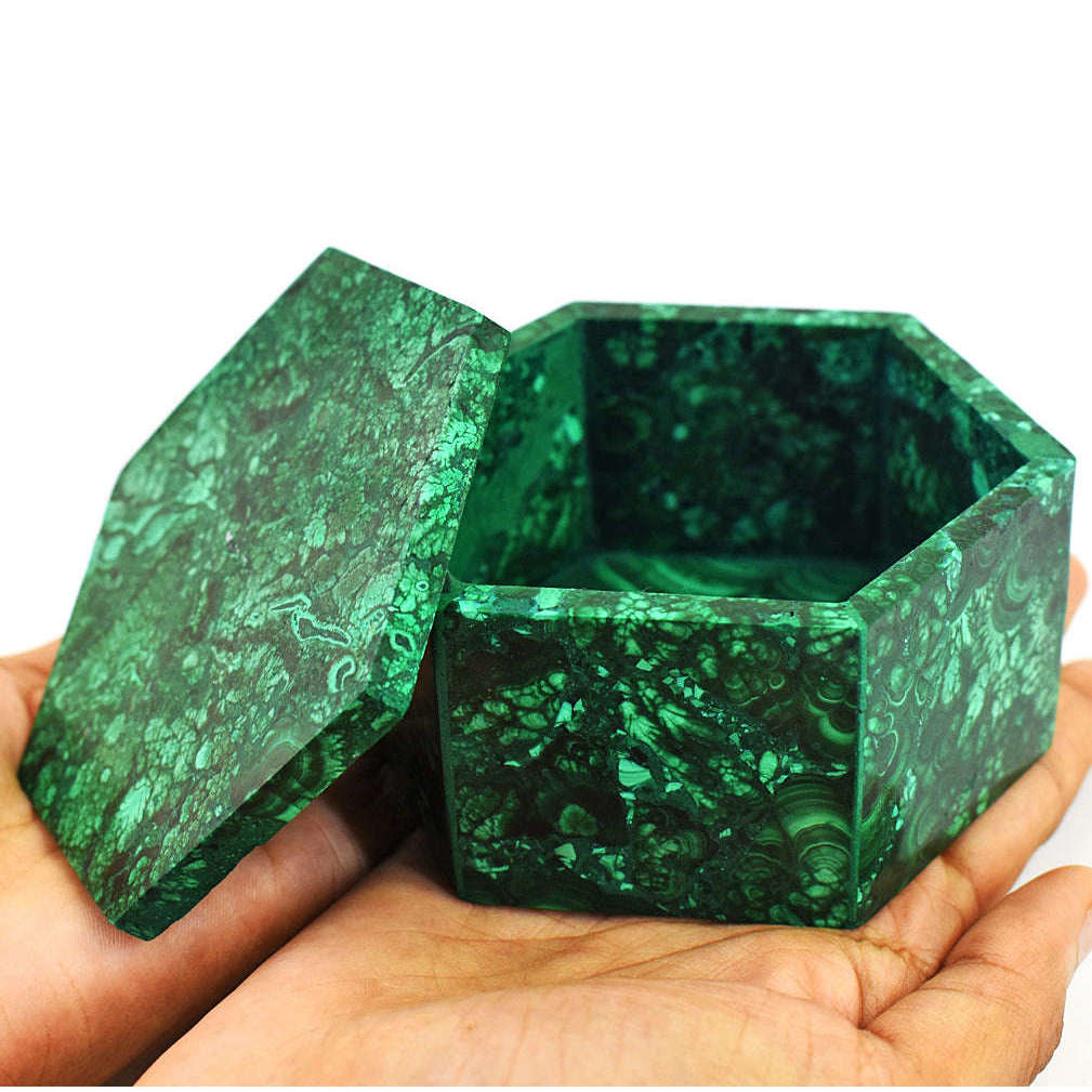 gemsmore:Stunning Congo Malachite Hand Carved Genuine Crystal Gemstone Carving Hexagon Box