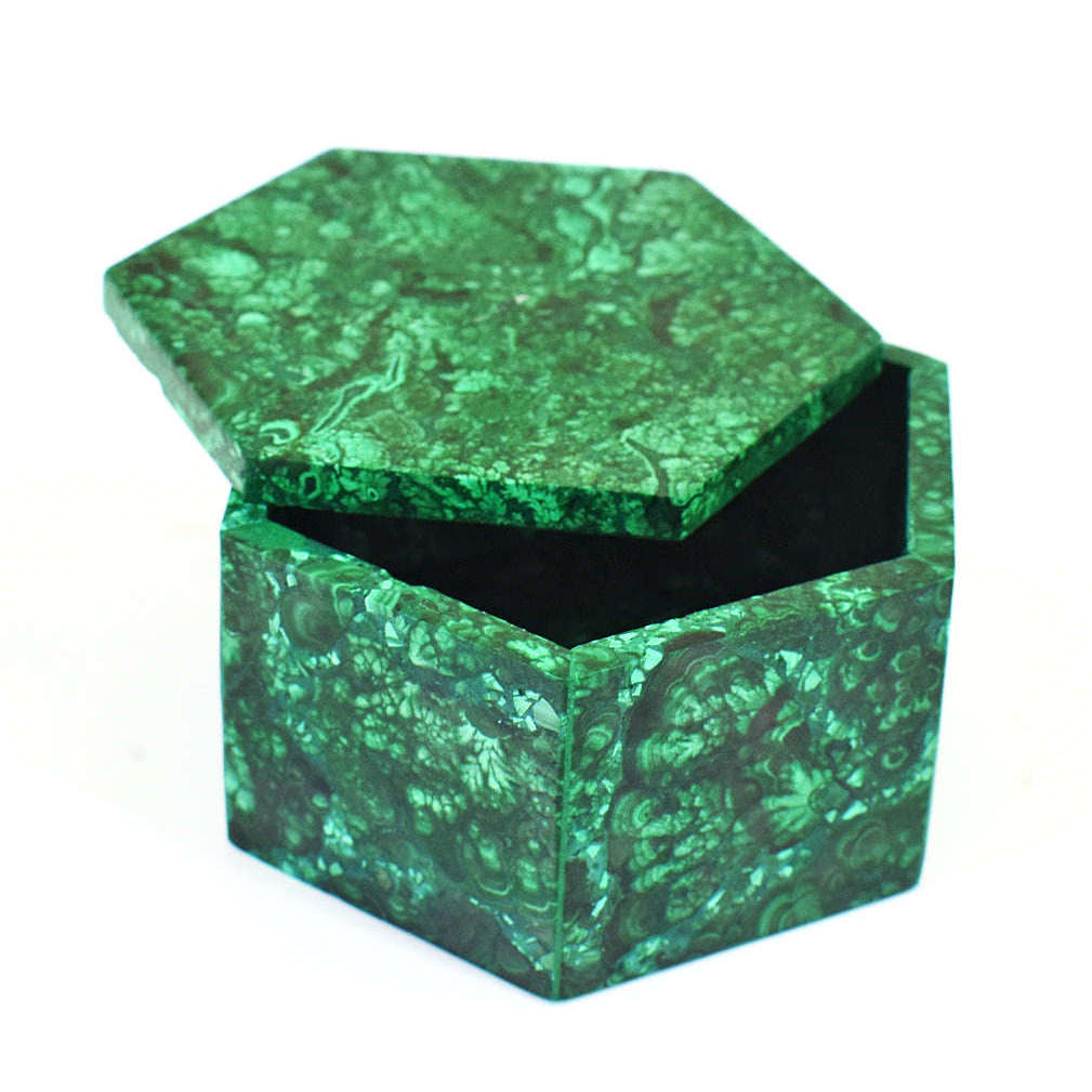 gemsmore:Stunning Congo Malachite Hand Carved Genuine Crystal Gemstone Carving Hexagon Box