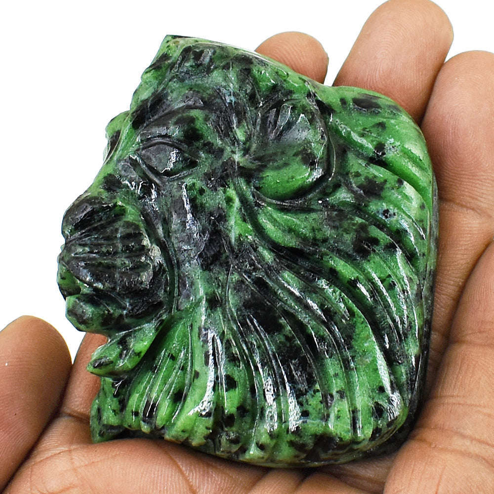 gemsmore:Stunning Pink In Ruby Fushite  Hand Carved Genuine Crystal Gemstone Carving Lion Face