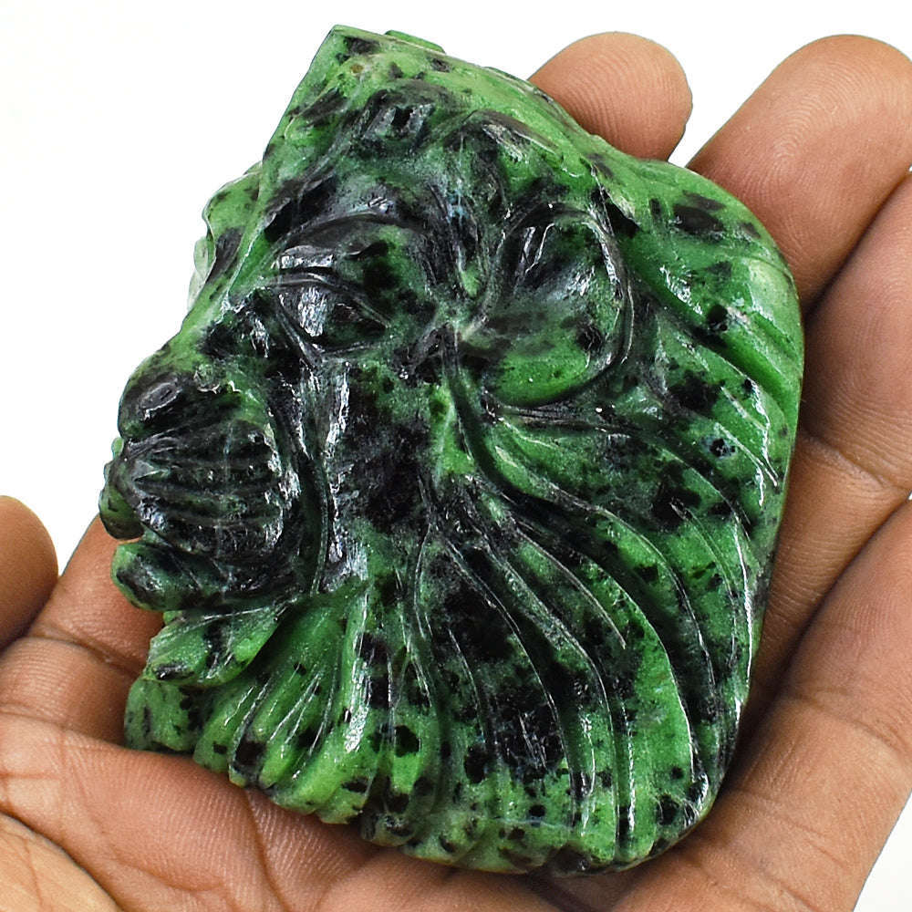 gemsmore:Stunning Pink In Ruby Fushite  Hand Carved Genuine Crystal Gemstone Carving Lion Face