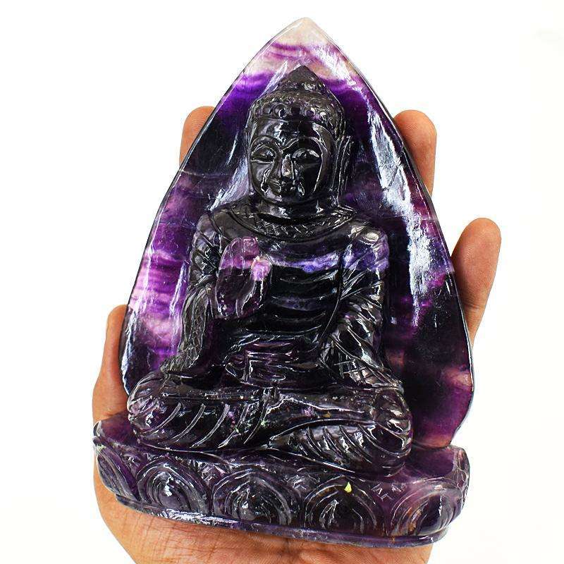 gemsmore:Stunning Purple Fluorite Hand Carved Genuine Crystal Gemstone Carving Massive Leaf Palm Lord Buddha